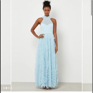 Sheer Halter Neck Evening Gown - BLUE HAZE / SIZE 10